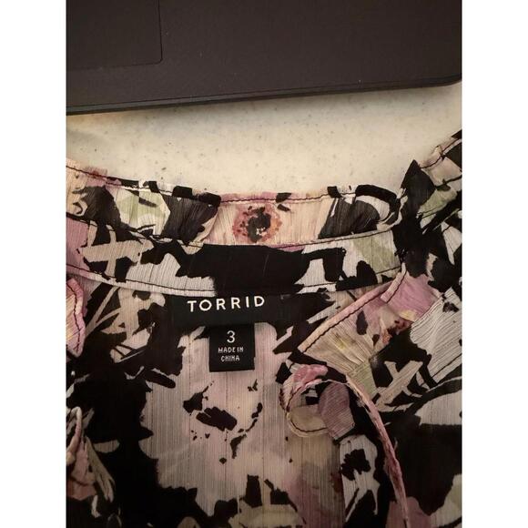 Torrid Crinkle Chiffon Raglan Tie Front Blouse Womens 3X Black Peasant Flowy - Picture 6 of 10